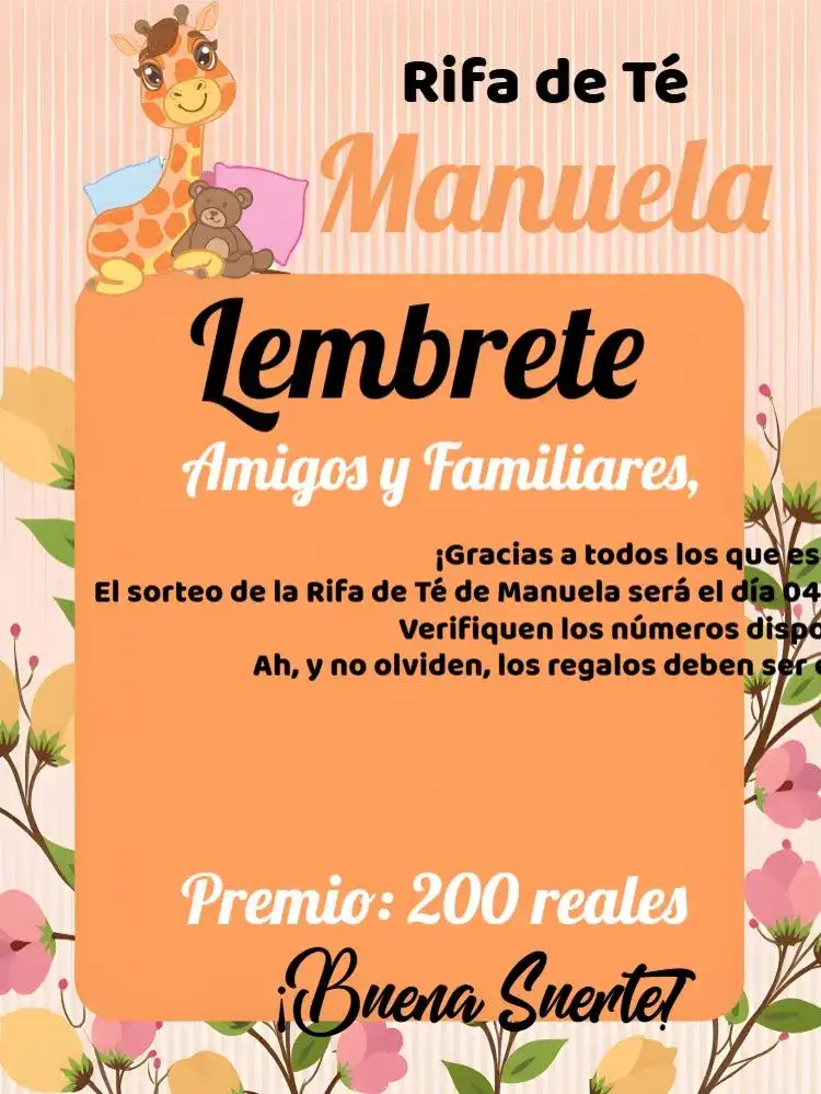 Lembrete De Chá Rifa Girafinha Cha