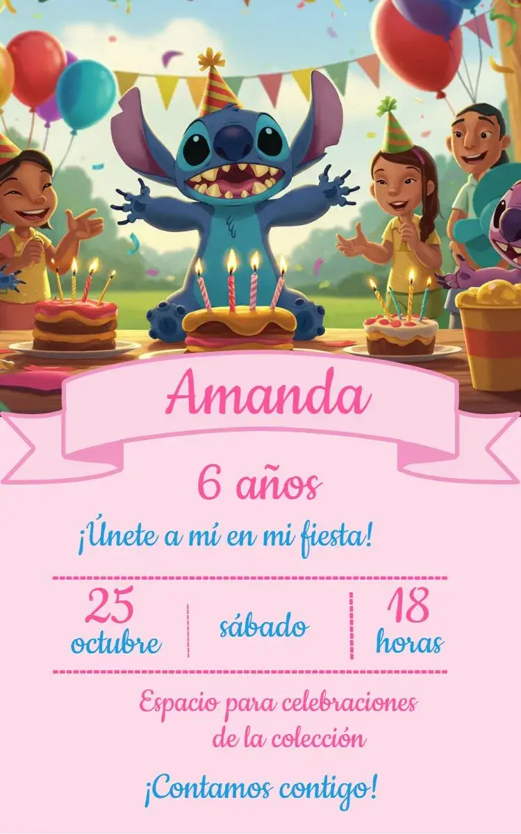 Invitación Stitch Rosa Floral