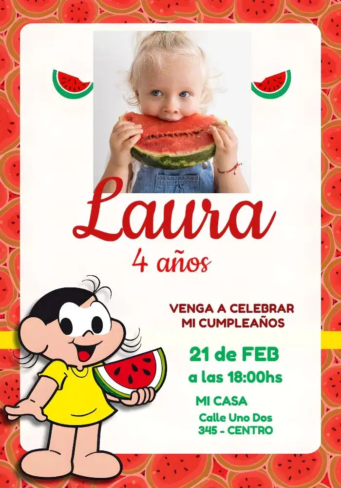 Invitación Magali Turma Da Mônica Con Foto Monica – tema Cumpleaños Infantil colorido, lúdico, divertido, infantil, tropical, brincalhão