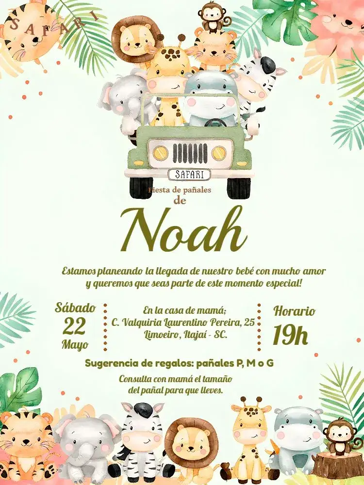 Invitación Chá De Pañales Safari - – tema Baby Shower safari, verde, animales, naturaleza, aventura, tropical