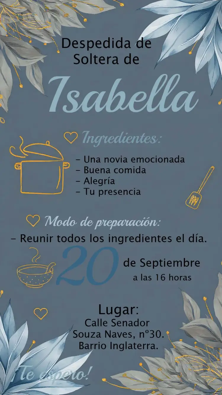 Invitación Despedida de soltera floral para novios – tema Despedida de Soltera floral, rústico, delicado, moderno, dourado, azul