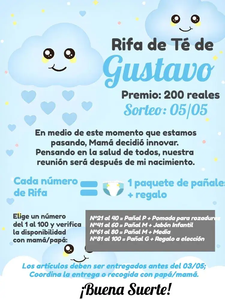 Invitación Té Rifa Lluvia De Amor Bendiciones – tema Té Rifa nubes, pastel, minimalista, lúdico, moderno