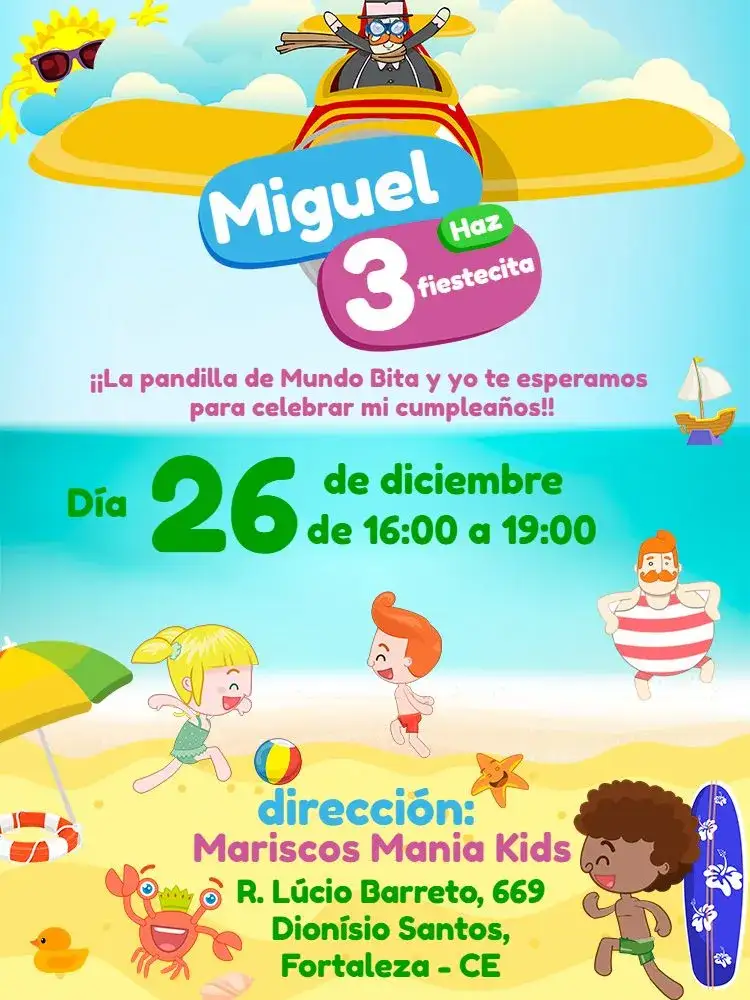 Invitación Mundo Bita Fondo Del Mar Mariscos – tema Cumpleaños Infantil colores vibrantes, azul marino, divertido, lúdico, playero, aventura