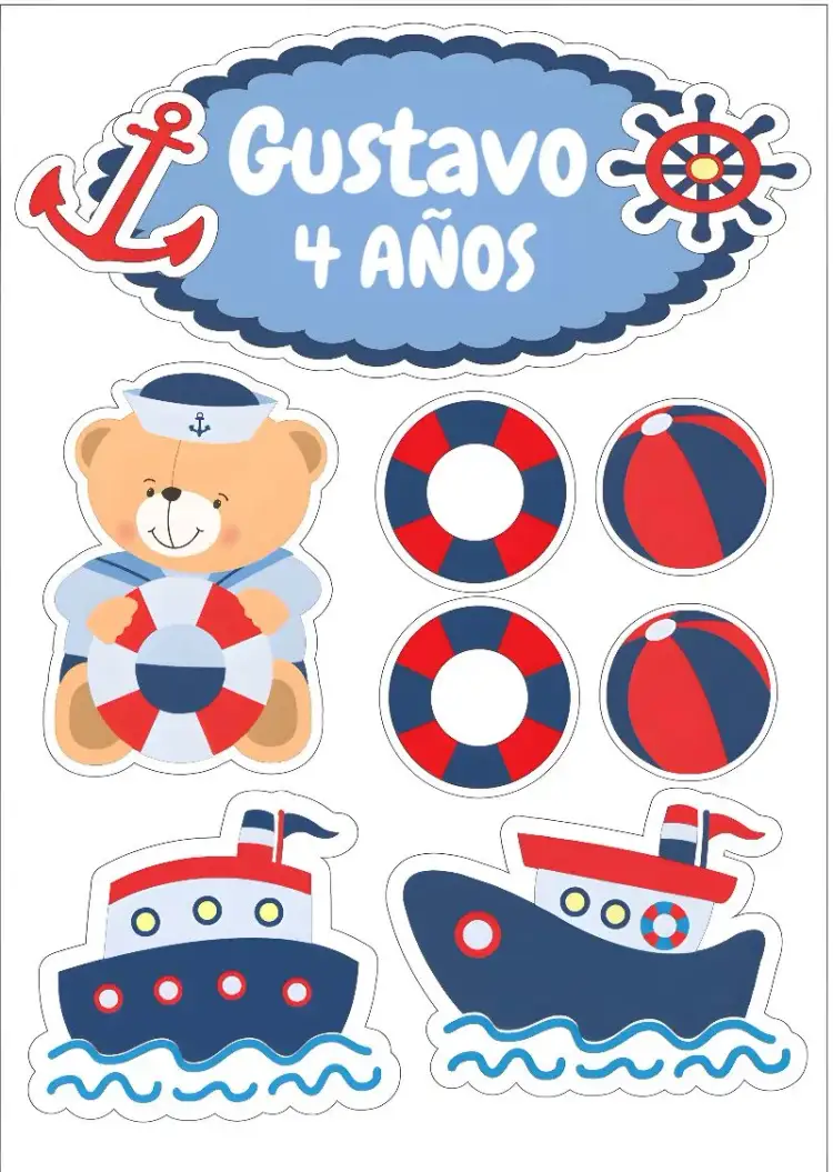 Invitación Topo De Pastel Oso Marinero Colorido – tema Topper de torta colorido, náutico, infantil, lúdico, divertido, marinero