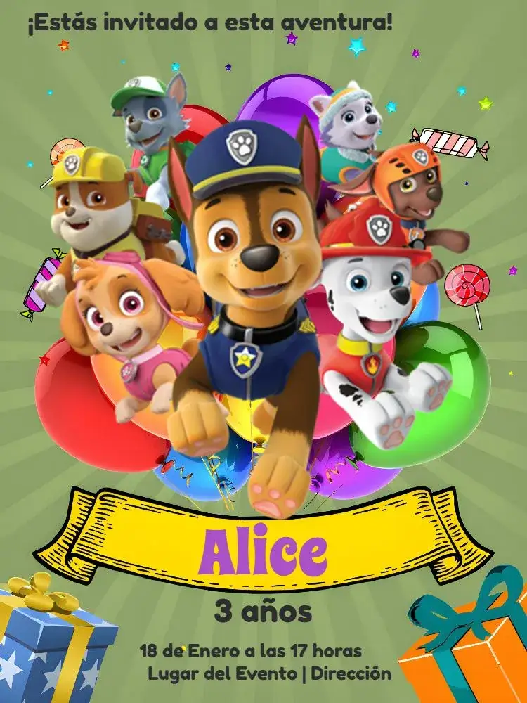 Invitación Patrulla Canina Paw – tema Cumpleaños Infantil colorido, divertido, moderno, temático, infantil