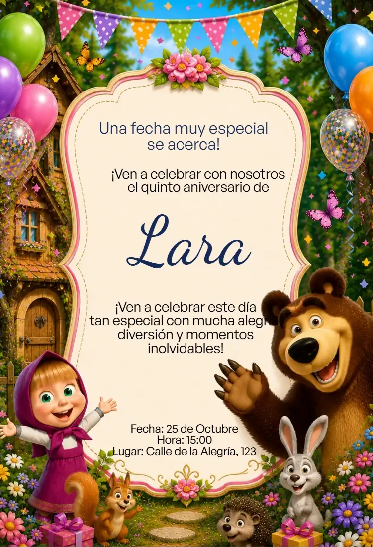 Invitación Digital Masha y el Oso Encantado Editable