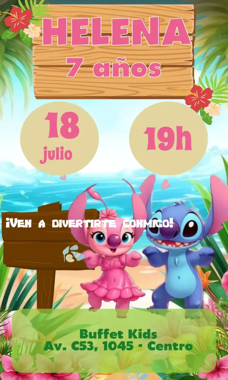 Invitación Angel y Stitch – tema Cumpleaños Infantil tropical, playa, personajes animados