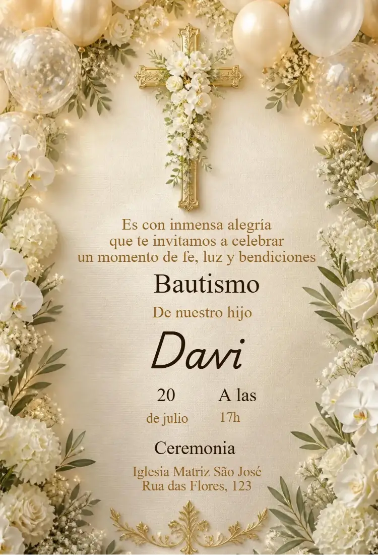 Invitación de Bautismo con Cruz Floral - Cumpleaños Infantil