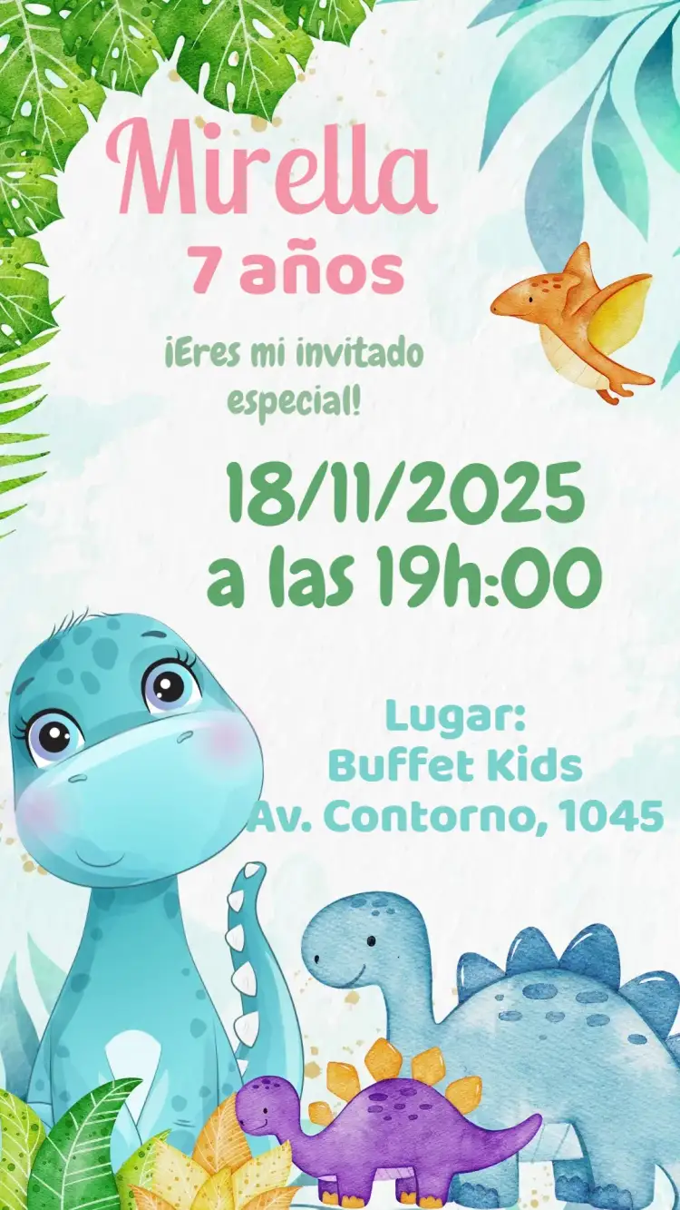 Invitación Digital Dinosaurio Baby Acuarela - Cumpleaños Infantil