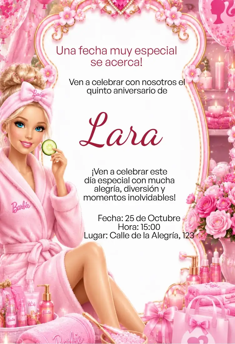 Invitación Invitación Digital Barbie Spa Rosa Editable – tema Cumpleaños Infantil spa, muñeca, belleza