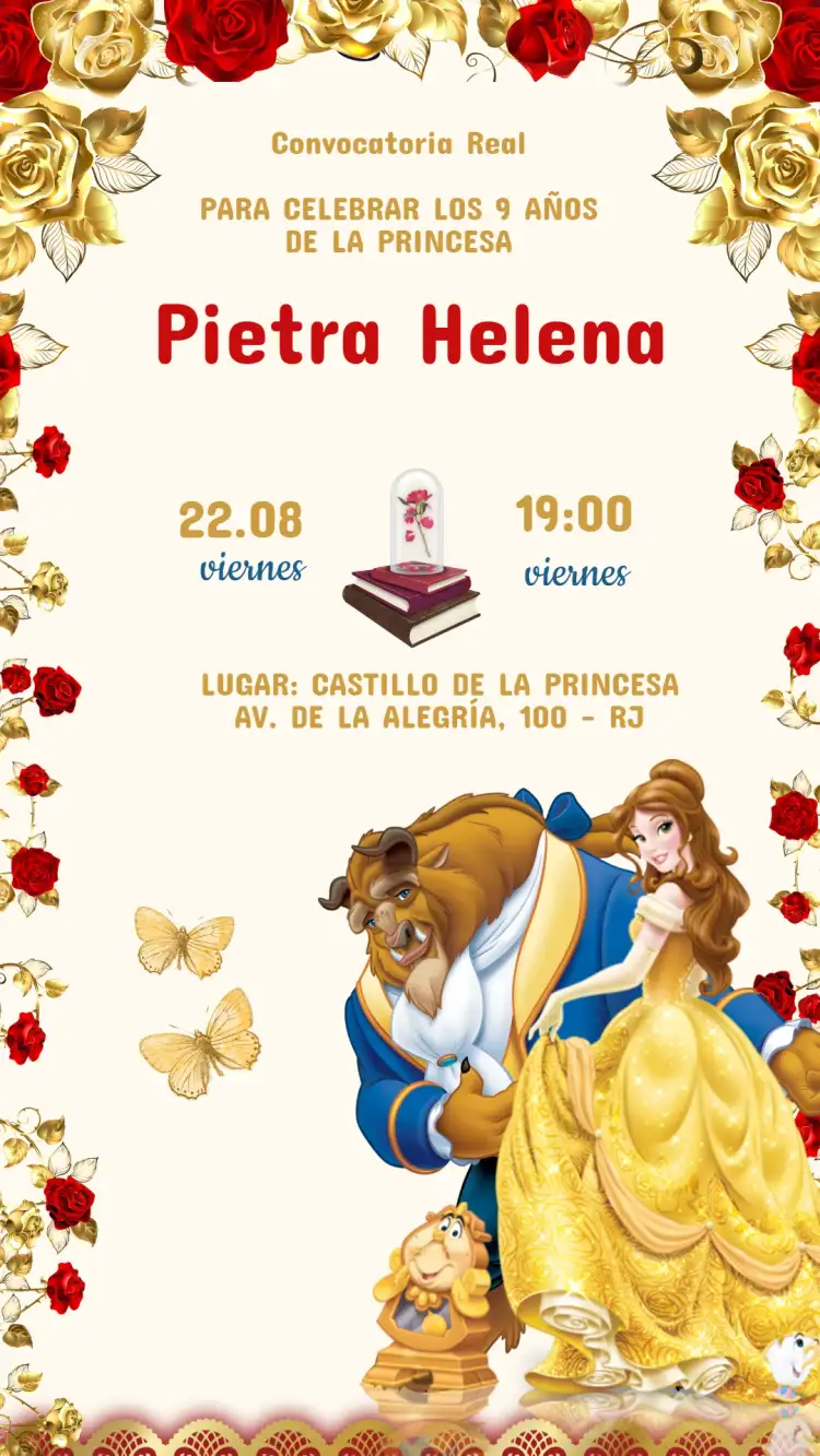 Invitación Cumpleaños Infantil La Bella y la Bestia