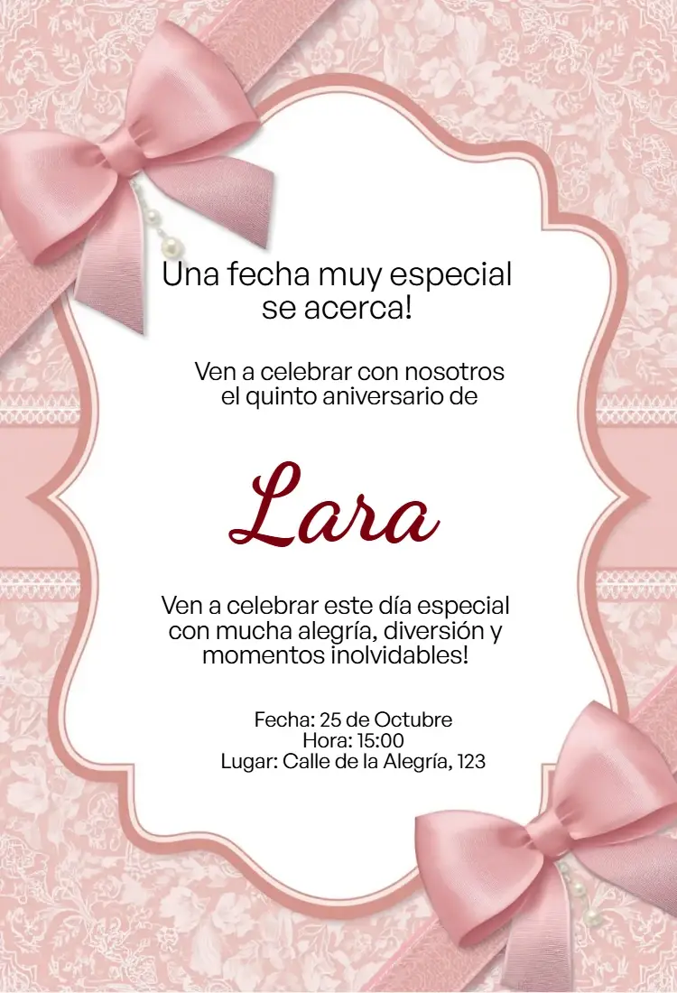 Invitación Invitación Rosa con Moño Editable para Cumpleaños Infantil editable y personalizable