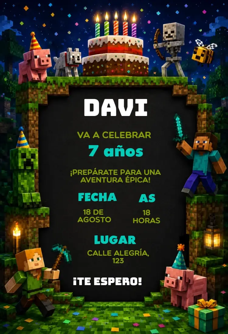 Invitación de cumpleaños de Minecraft editable