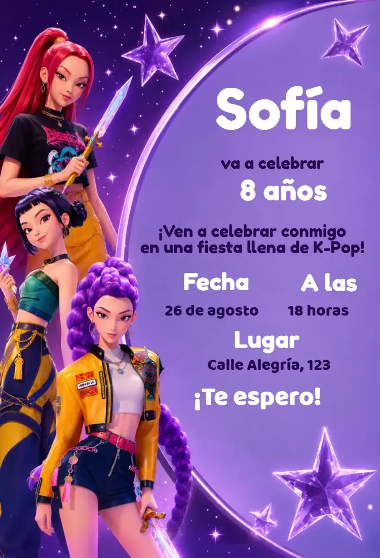 Invitación de cumpleaños guerreras del k-pop editable