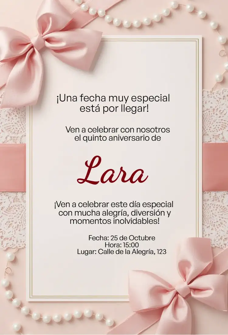 Invitación Rosa con Lazo, Encaje y Perlas Editable para Cumpleaños Infantil