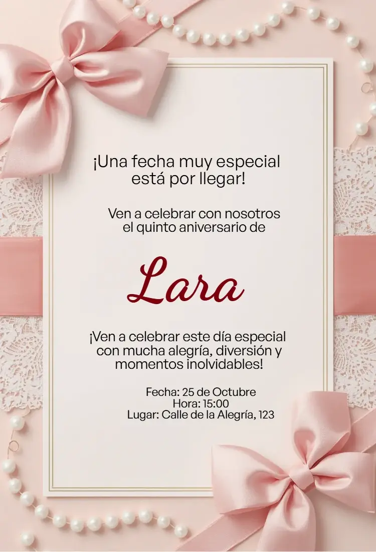 Invitación Invitación Rosa con Lazo, Encaje y Perlas Editable para Cumpleaños Infantil editable y personalizable