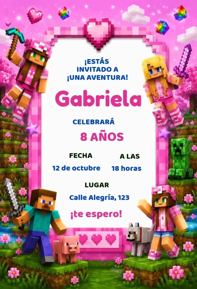 Invitación de Cumpleaños de Minecraft para Niña - Cumpleaños Infantil – Crea momentos inolvidables con nuestra invitación…
