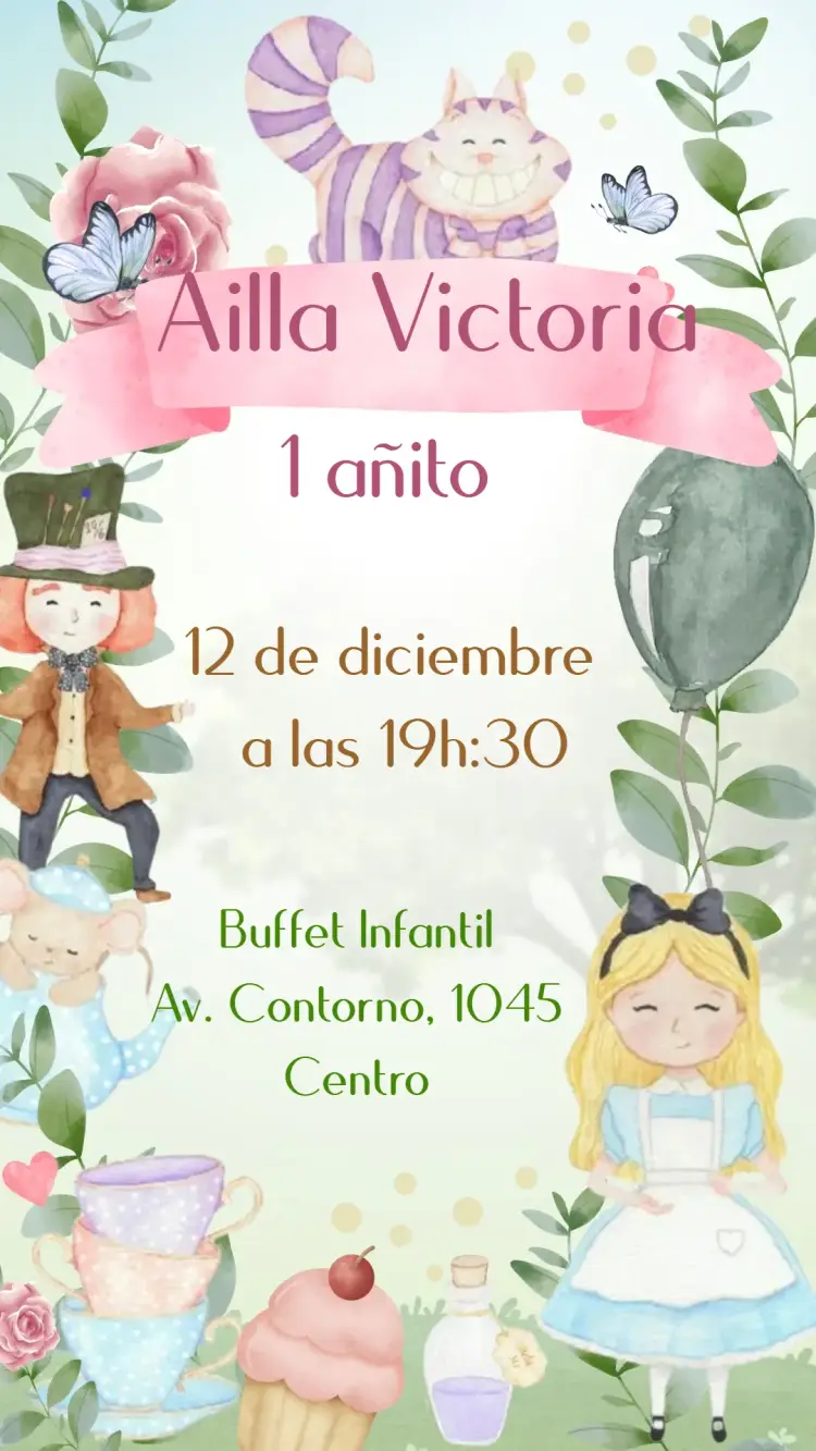 Invitación Alícia en el País de las Maravillas Acuarela editable y personalizable
