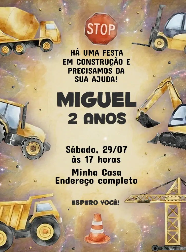 Convite Trator Construção Online – tema Chá Rifa amarelo, laranja, branco, divertido, temático, infantil