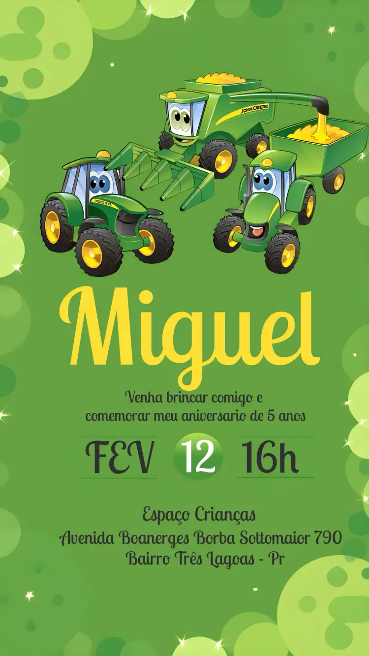 Convite Trator Jhon Deere Marrom – tema Mais pesquisados rural, infantil, colorido, temático, divertido, moderno
