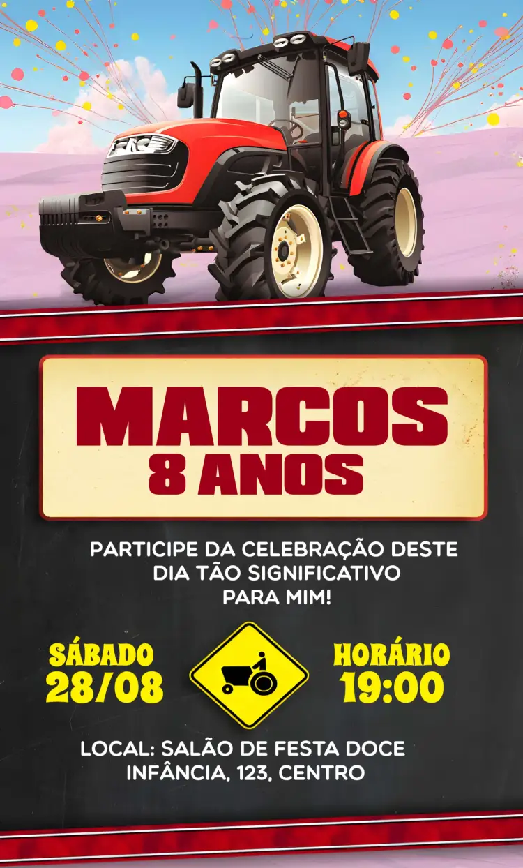 Convite Trator Vermelho – tema Mais pesquisados rural, brincalhão, vibrante, colorido, divertido, infantil