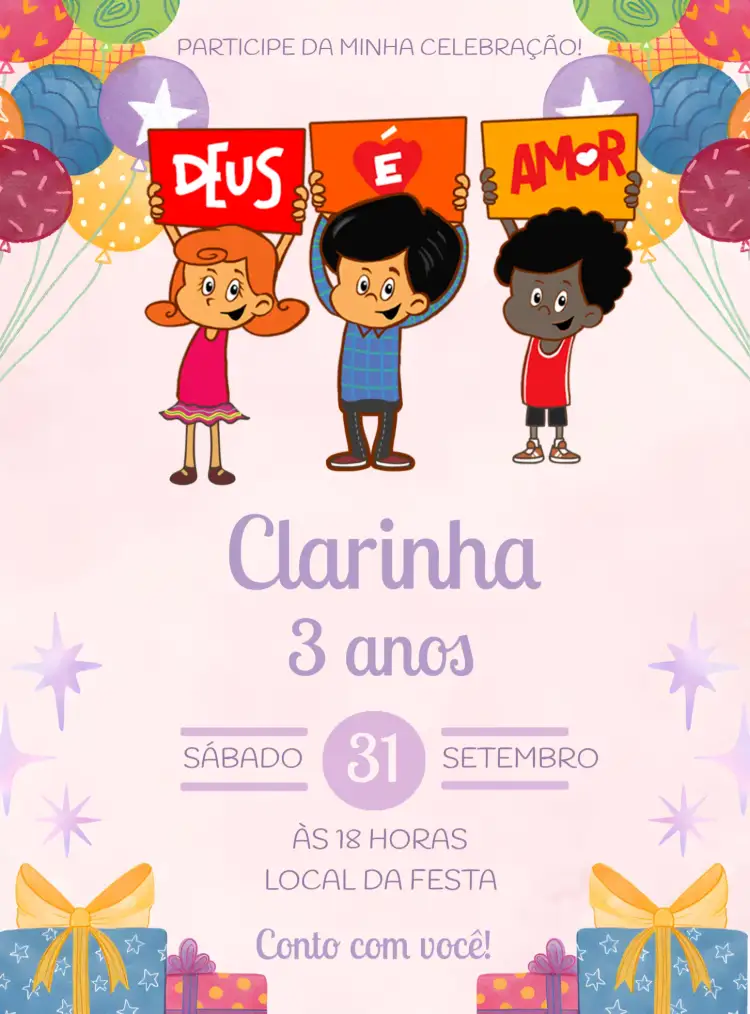 Convite Três Palavrinhas Digital – tema Mais pesquisados roxo e branco, aquarela, divertido, infantil, colorido
