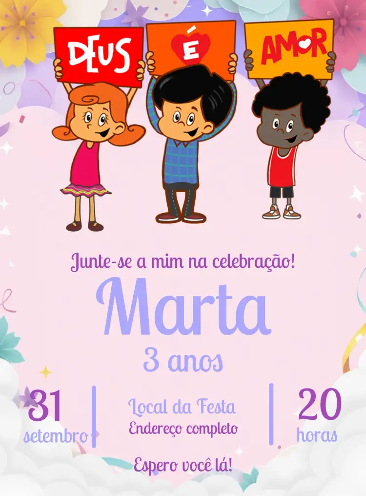 Convite Três Palavrinhas Fazer – tema Mais pesquisados rosa, lilás, divertido, infantil, colorido, lúdico