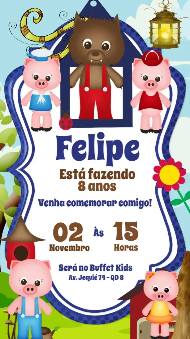 Convite Três Porquinhos – tema Aniversário Infantil colorido, infantil, lúdico, divertido, ilustração