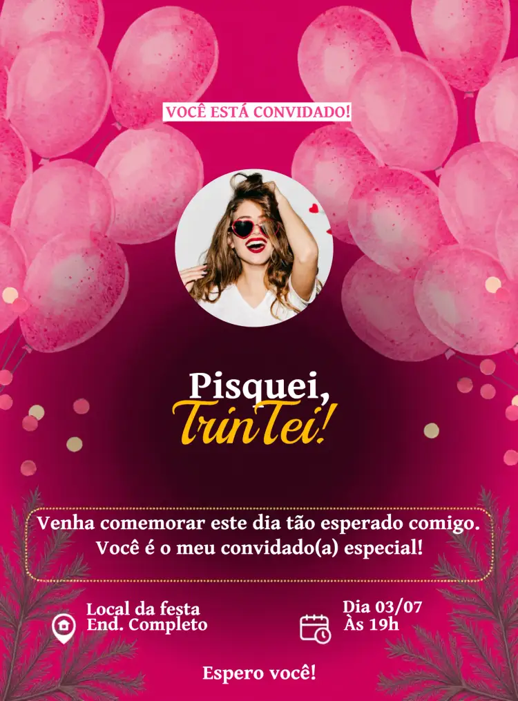 Convite Trintei Com Foto 30 – tema Aniversário rosa, moderno, elegante, clean, sutil