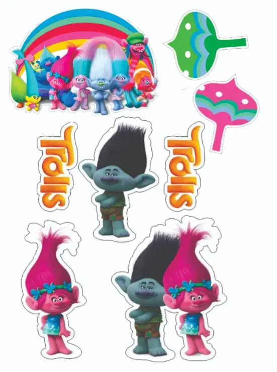 Invitación Trolls – tema Topper de torta colorido, divertido, lúdico, temático, alegre