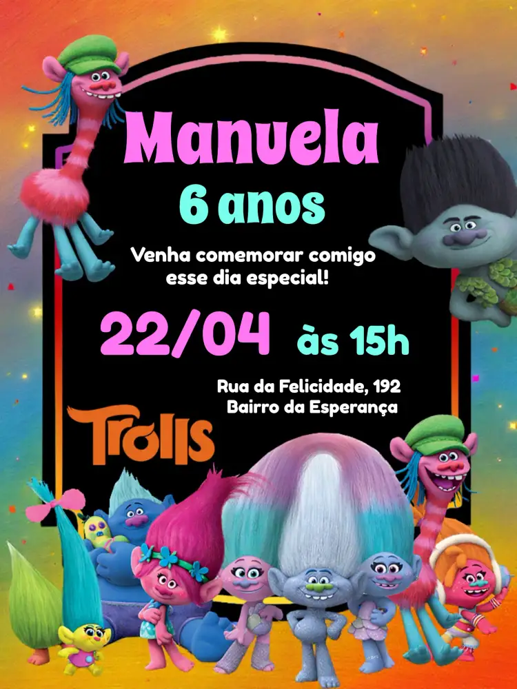 Convite Trolls Colorido – tema Mais pesquisados colorido, divertido, infantil, trolls, moderno, ilustrações animadas