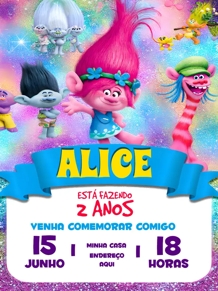 Convite Trolls Trolls1 – tema Mais pesquisados animação, fantasia, brilhante
