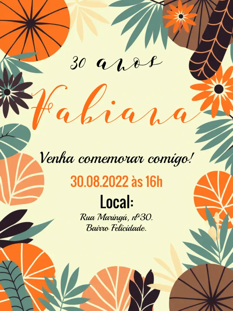 Convite Tropical Adulto – tema Aniversário tropical, colorido, floral, verão, descontraído, moderno
