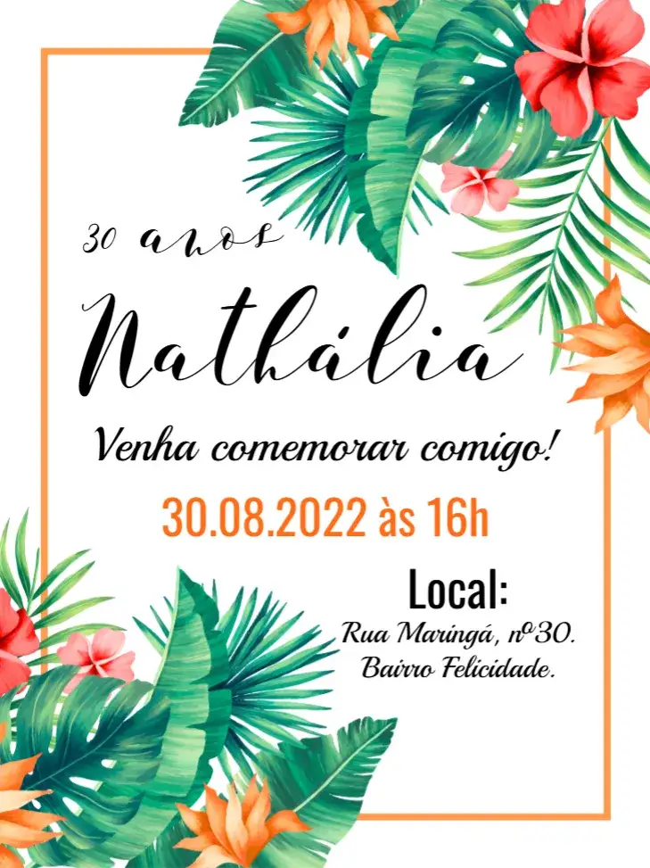 Convite Convite digital tropical aloha – tema Aniversário tropical, floral, vibrante, delicado, moderno, verão