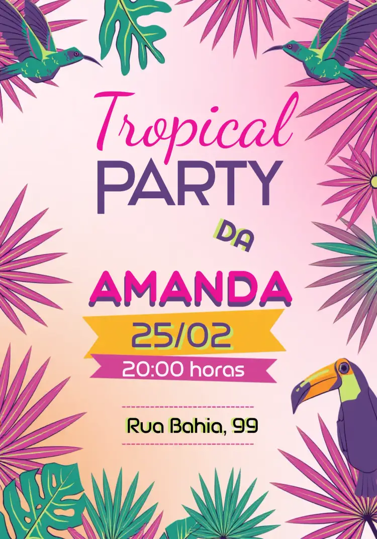 Convite Tropical Amigos – tema Datas Comemorativas tropical, colorido, divertido, vibrante, descontraído