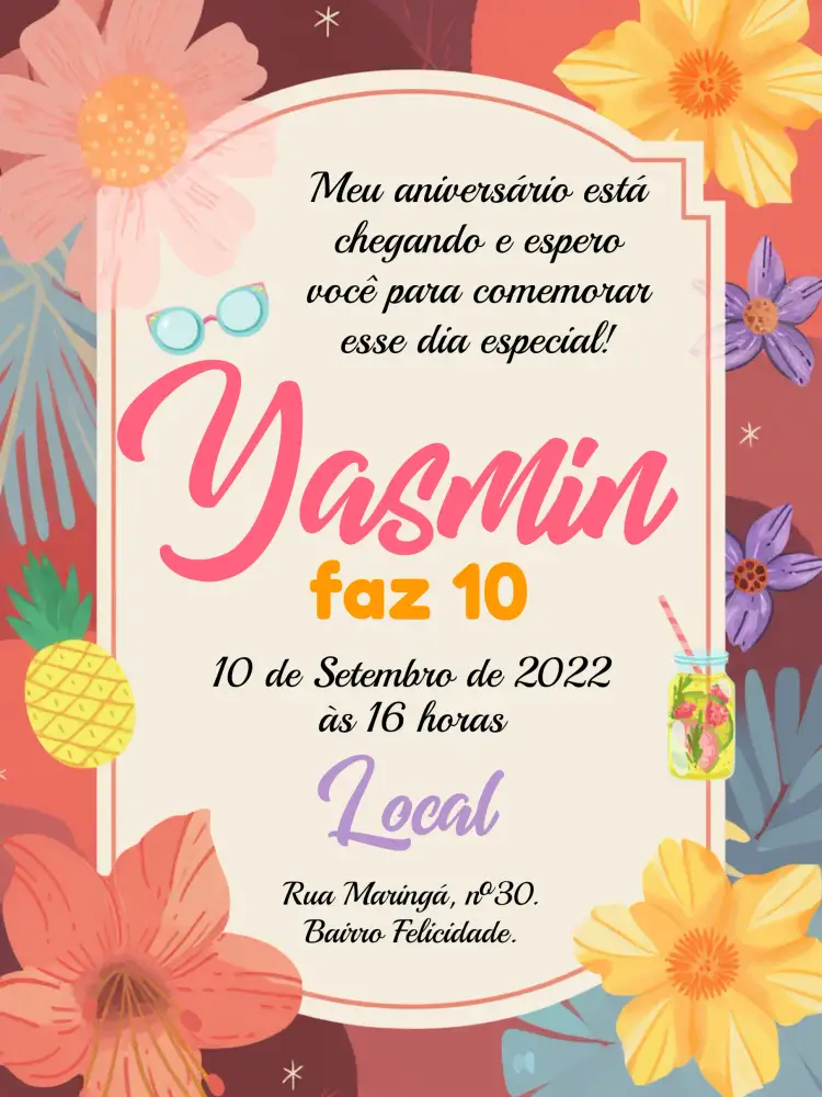 Convite Tropical Arranjo – tema Aniversário tropical, colorido, floral, verão, moderno, delicado