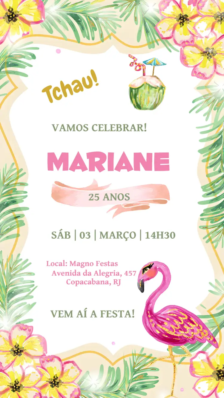 Convite Tropical Dourado – tema Aniversário tropical, dourado, havaiano, glitter, moderno, vibrante