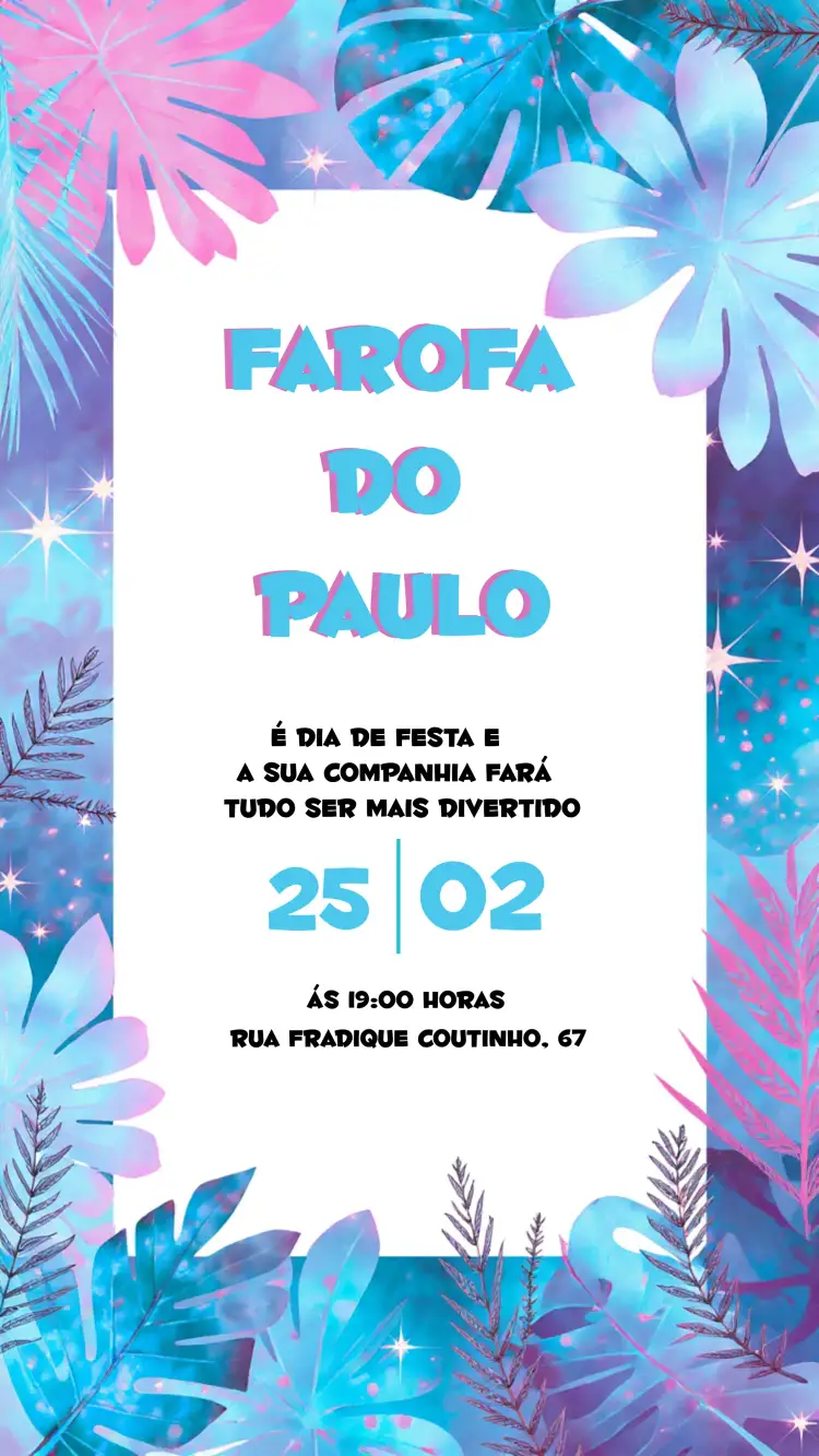Convite Tropical Farofa S – tema Chá de Panela tropical, vibrante, colorido, moderno, descontraído, festivo