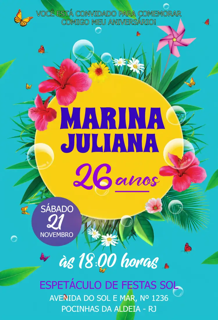 Convite Tropical Sol – tema Aniversário tropical, cores quentes, praia, sunset, feminino, alegre