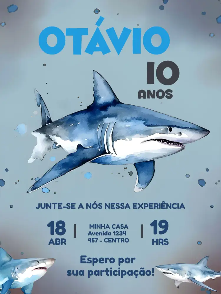 Convite Tubarão Aquarela Menino – tema Mais pesquisados aquarela, azul, marinho, divertido, infantil, temática