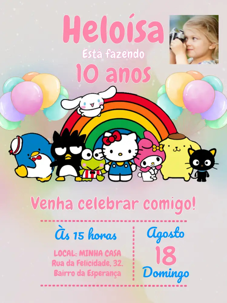 Convite Turma Da Hello Kitty Com Foto Rosa – tema Aniversário Infantil colorido, fofo, infantil, rosado, temático, divertido