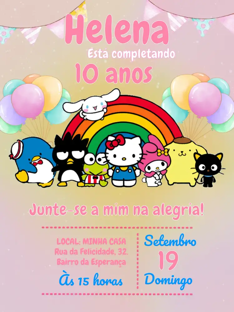 Convite Turma Da Hello Kitty Kity – tema Aniversário Infantil colorido, infantil, divertido, temático, moderno