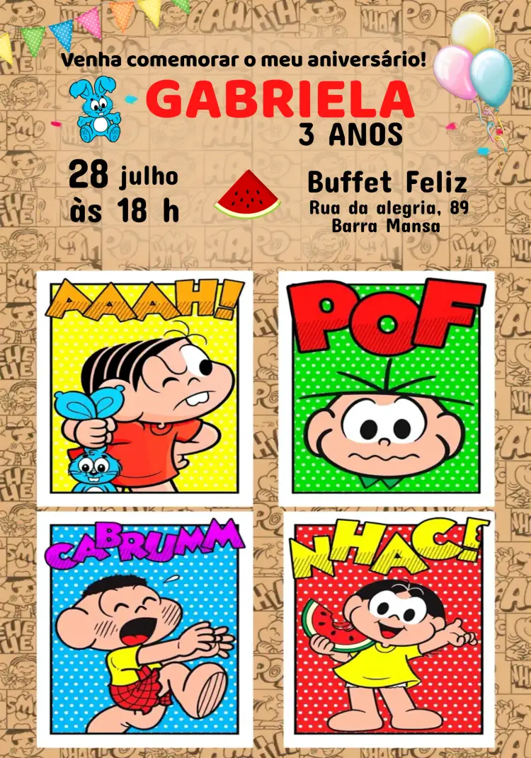 Convite Turma Da Mônica – tema Aniversário Infantil colorido, divertido, infantil, lúdico, temático
