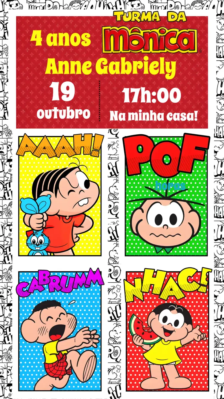 Convite Turma da Mônica – tema Aniversário Infantil colorido, divertido, infantil, ilustrações animadas, moderno, temático