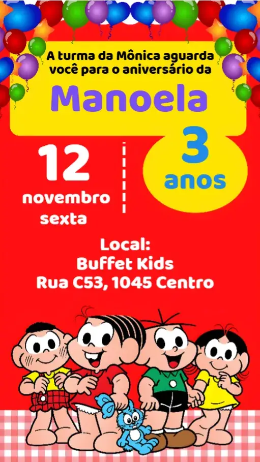 Convite Turma da Mônica editável e personalizável