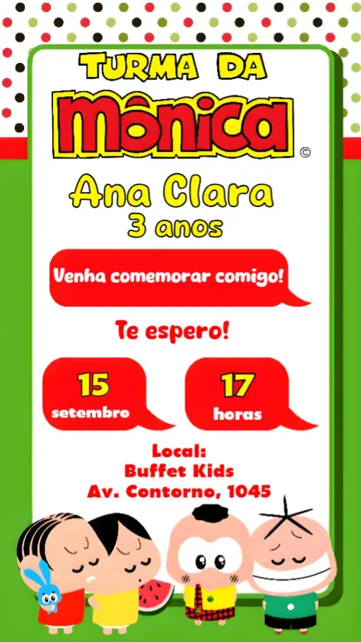 Convite Turma da Mônica – tema Aniversário Infantil colorido, divertido, infantil, temático, lúdico