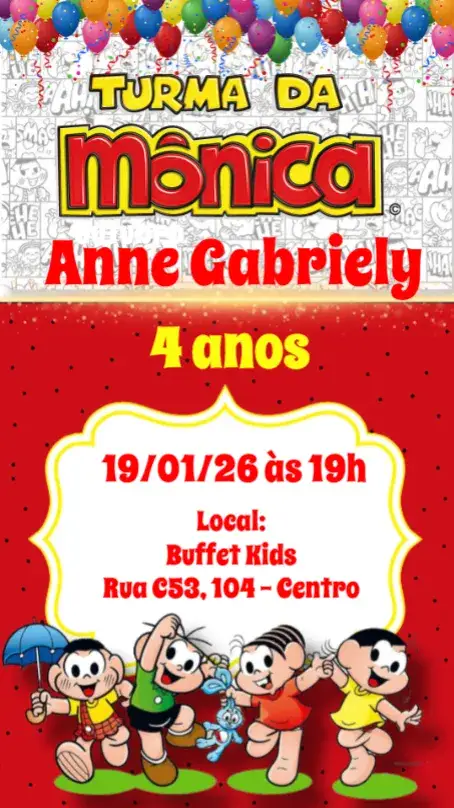 Convite Turma da Mônica – tema Aniversário Infantil colorido, divertido, infantil, quadrinhos, ilustrações, personagens