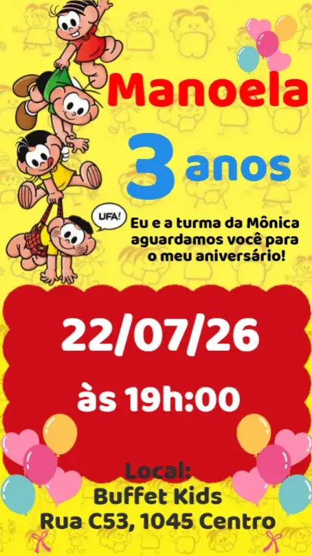 Convite Turma da Mônica – tema Aniversário Infantil colorido, divertido, ilustrações infantis, tema de festa, vintage, moderno