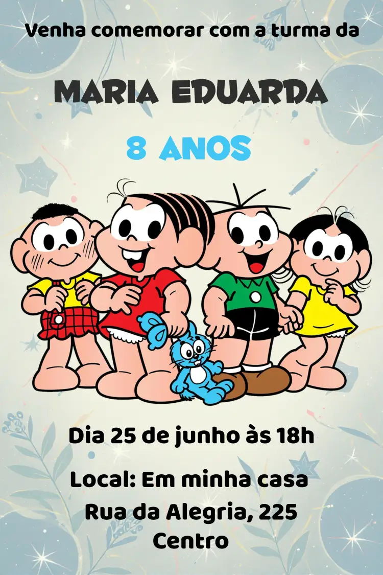 Convite Turma Da Mônica – tema Aniversário Infantil colorido, divertido, infantil, ilustrações da Turma Da Mônica, brincalhão
