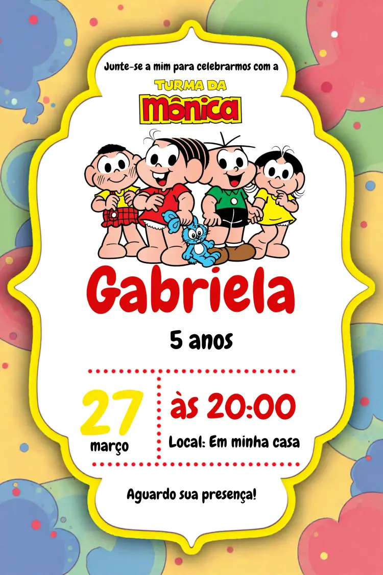 Convite Turma Da Mônica – tema Aniversário Infantil colorido, divertido, infantil, ilustração, lúdico